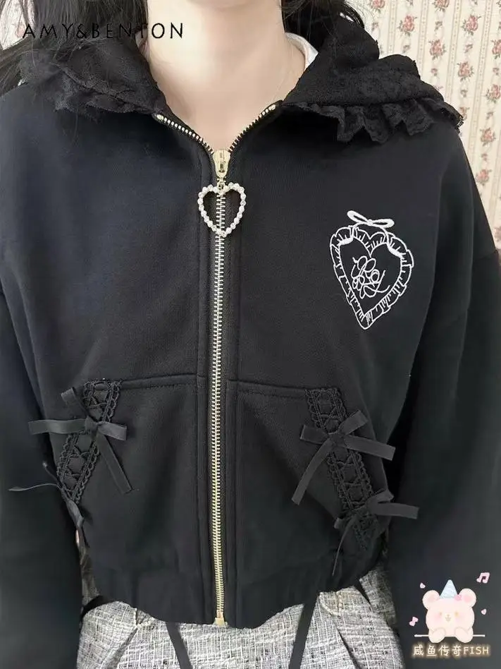Японский стиль RJ Lace Love с капюшоном и бантом милая вышитая толстовка на молнии в