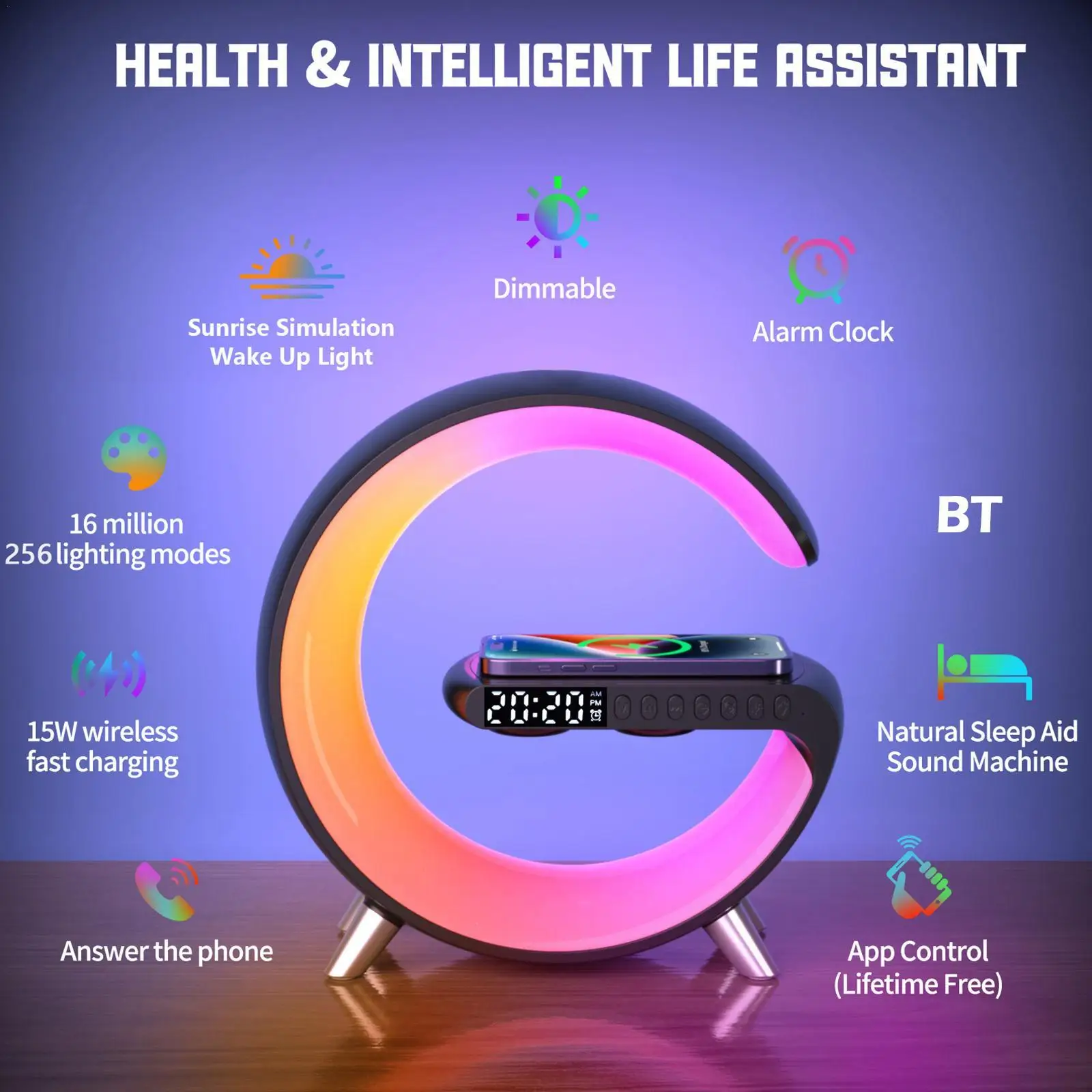 

15W Alarm Clock Wireless Charger Station Speaker APP Control RGB Atmosphere Lamp Night Light For Iphone 12 13 14 Samsung Xiaomi
