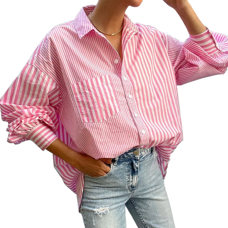 

Women Shirts Casual Oversized Button Down Long Sleeve Blouse with Pockets Stripe V Neck Boyfriend Tops AM5069