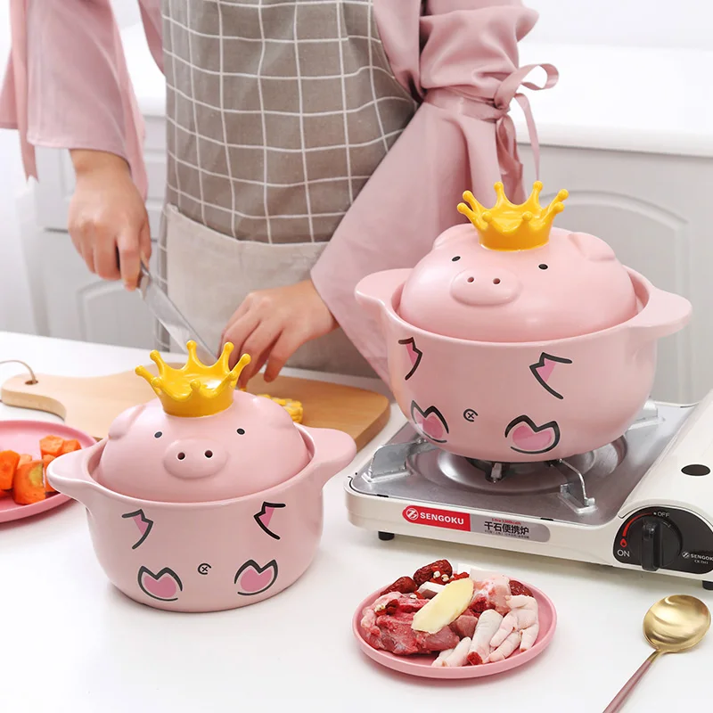 

Pink Pig High Temperature Resistance Casserole Handle Ceramic Cookware with Crown Pot Cover Kitchen Supplies Soup Pots