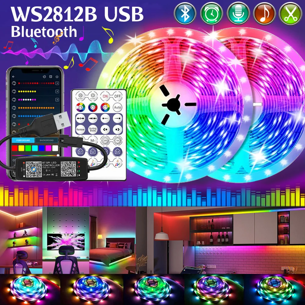 Светодиодная лента WS2812B RGBIC с Bluetooth, 1-30 м, 5050 RGB-лента, Диодная гибкая лента, 5 в постоянного тока, подсветка для телевизора, украшение игровой комнаты