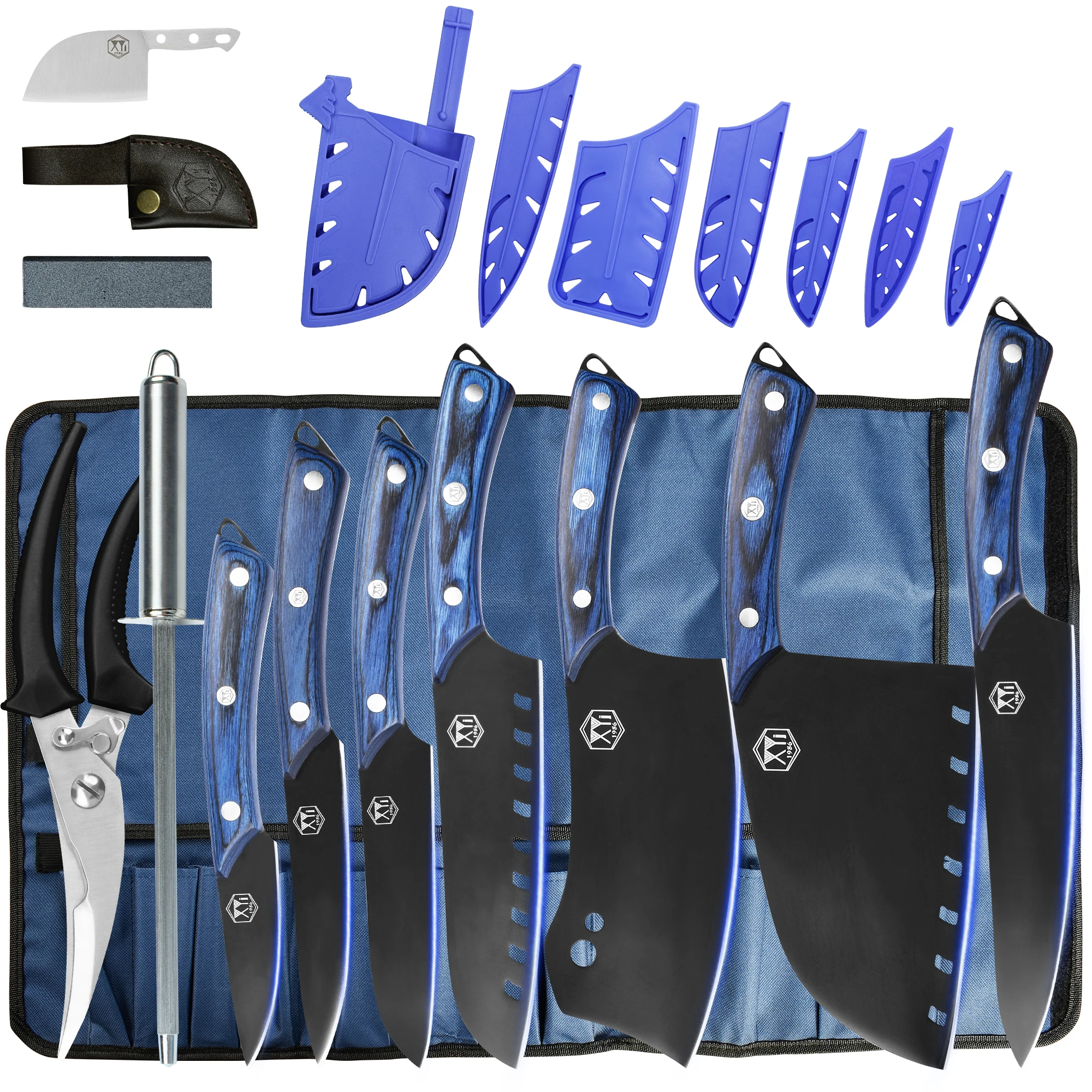 

Набор кухонных ножей XYj, набор из 7 предметов из нержавеющей стали, синие мясорезки мясника, шеф-повара, с чехлом для рулонных пакетов и ножниц