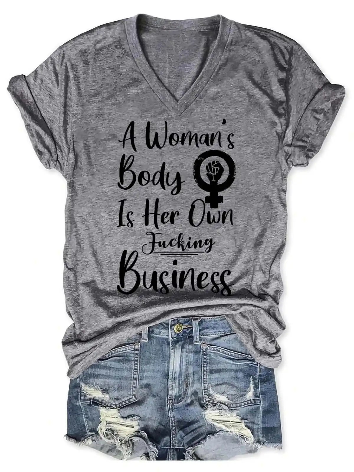 Lovessales Women's A Womans Body Is Her Own F Business V-Neck100% Cotton T-shirt
