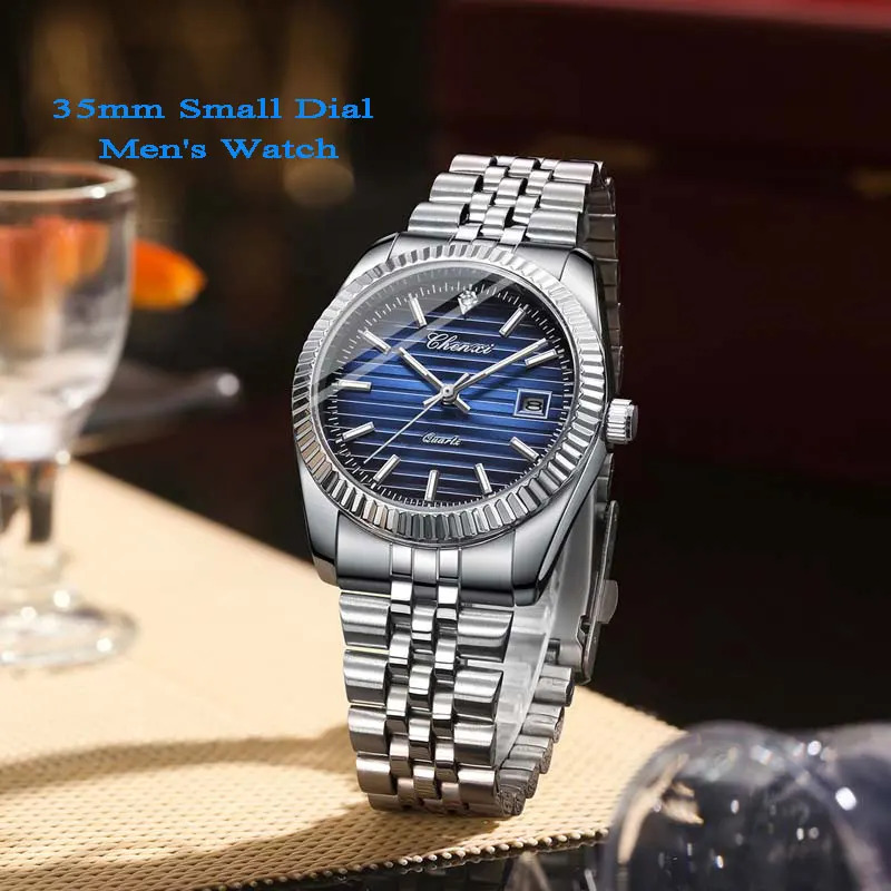 Фото Роскошные мужские часы Chenxi из нержавеющей стали, 35 мм, водонепроницаемые мужские часы с маленьким циферблатом, повседневные кварцевые мужские часы, мужские часы 004D №2