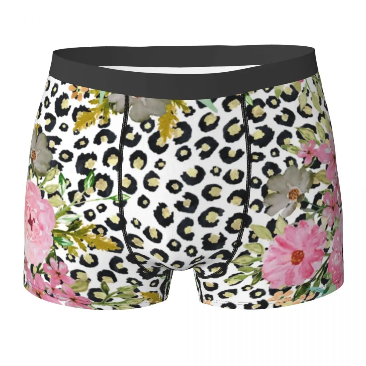 

Elegant Leopard Print Underwear Pink Floral Design Pouch Trunk Printing Shorts Briefs Stretch Man Underpants Big Size 2XL