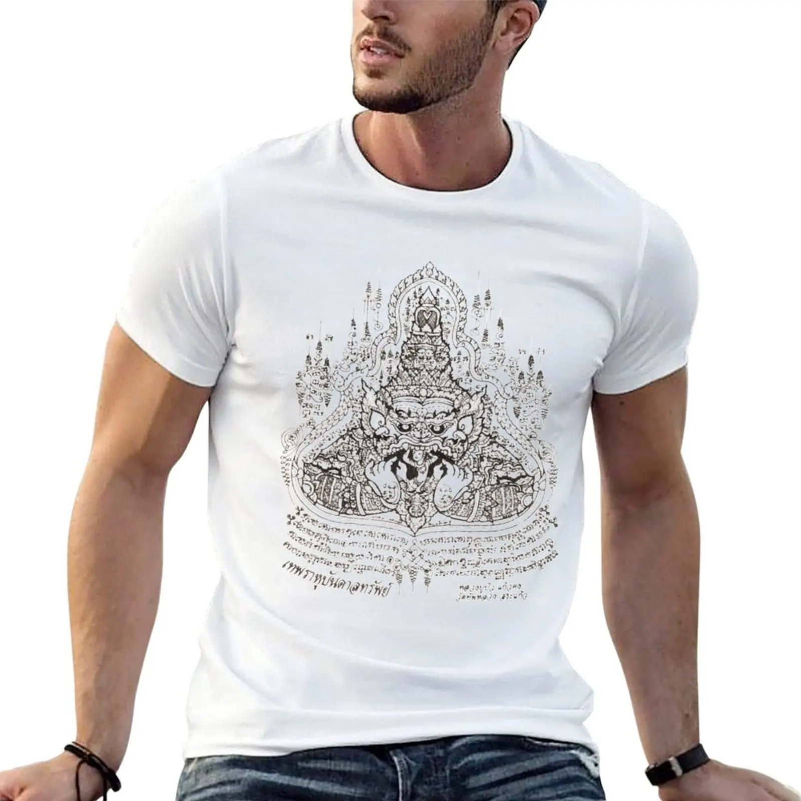 Фото Футболка Sak Yant Phra Rahu, хлопковая футболка, мужская футболка, футболка из 100% хлопка, футболки высокого качества, футболка из хлопка №1