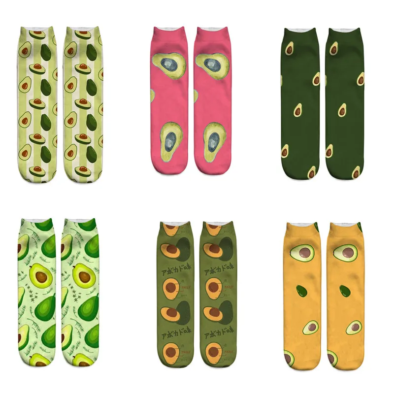 6 Pairs Kawaii Ladies Avocado Double-sided Printed Slouch Socks For Women Korean Fashion Pink Green Middle Tube Happy Socks Pack