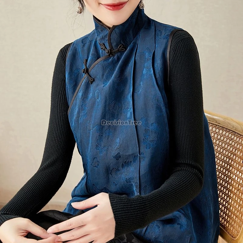 2024 новый китайский мягкий жилет без рукавов в стиле ретро с воротником-стойкой