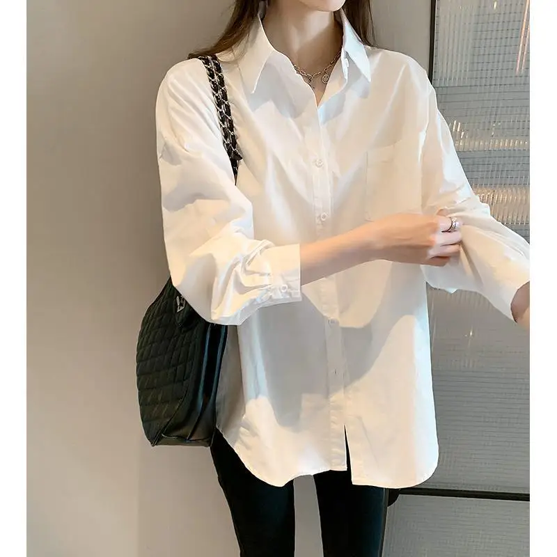 

Модная Однотонная рубашка с лацканами на пуговицах, подходящая ко всему Корейская одежда, новинка весны 2023, повседневные топы, свободная Оф...