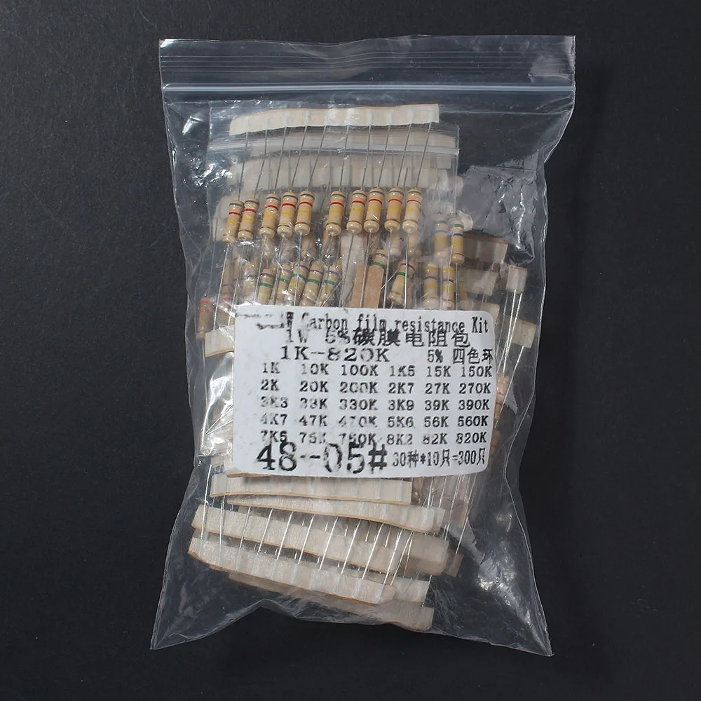 

300PCS 1W Carbon Film Resistor set,30Values*10pcs,1K~820K ohm, 0.1R~750R, Resistor Range Assortment Kit 5% Color Ring Resistance