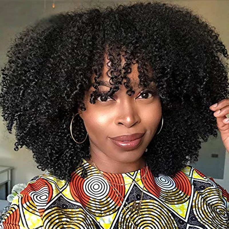 

200% Density Kinky Curly Wigs For Black Women Natural Black Glueless Afro Kinky Curly Wig With Bangs Brazilian Remy Human Hair