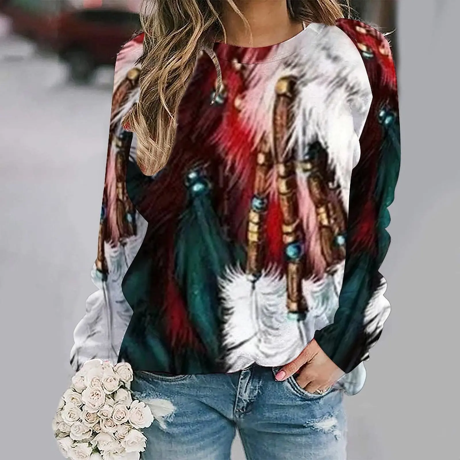 

2023 Early Autumn New Women's Round Neck Sweater with Bohemian Ethnic Characteristics Printed Sports Top 3D Sweater For Women's