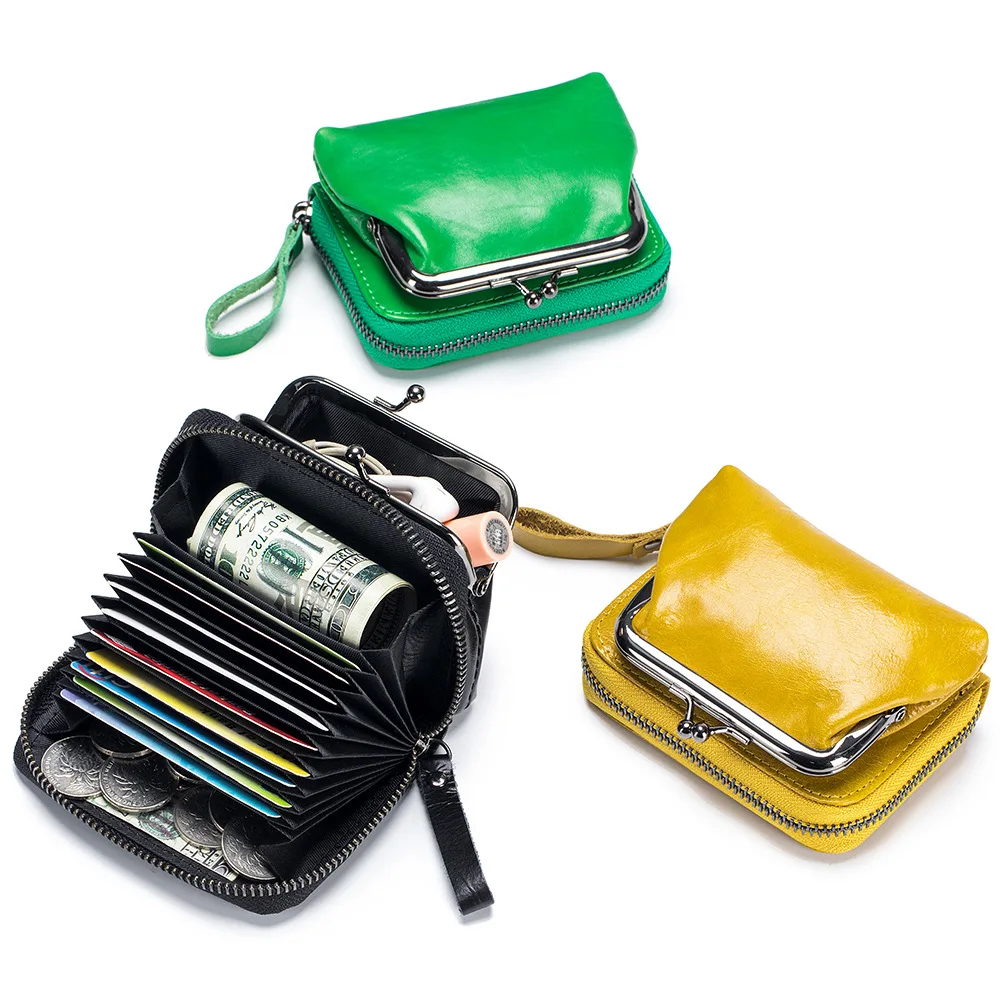 

A2060 First Layer Cow Leather Removable Card Cash Holders Versatile Lady Oil Waxed Cowhide Ball Clip Zipper Style Coin Purses