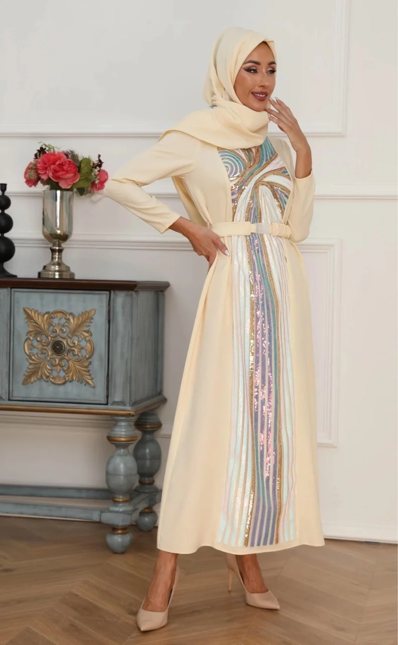 

2023 Fashion New Dubai Muslim Round-neck Sequin Long-sleeved Scarf Slim Robe Women's Arab Elegant Solid Color Dress