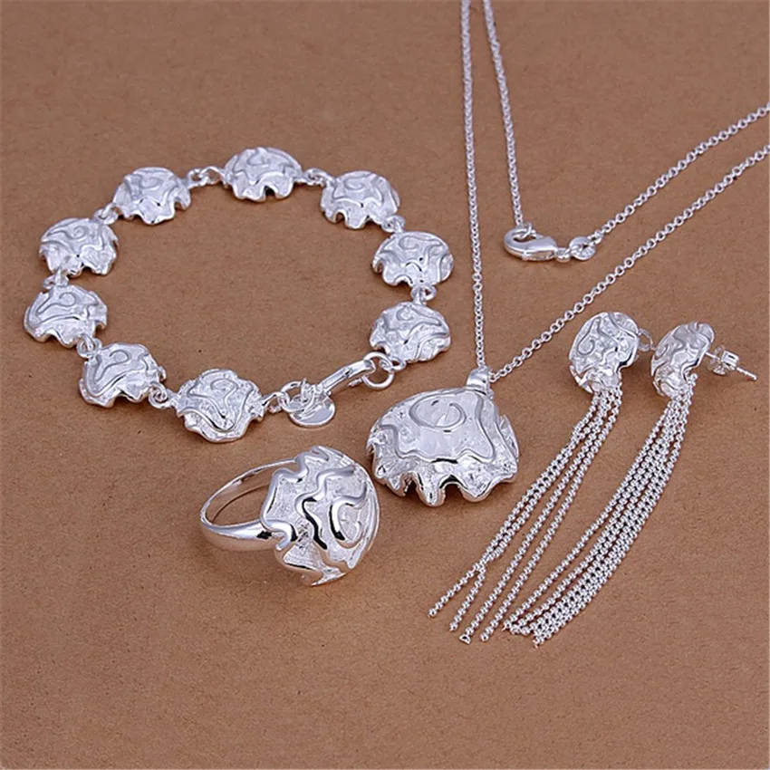 

Hot Fine Pretty Rose flower 925 Sterling Silver Pendant ring Bracelet necklace tassel earring stud for women Fashion Jewelry set