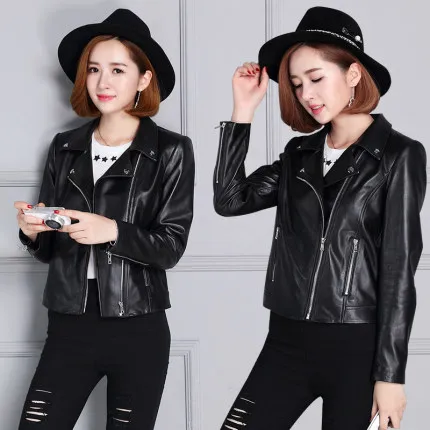 Tao Ting Li Na New Lapels Loose Slim Locomotive Sheep Leather Jacket 18KC3