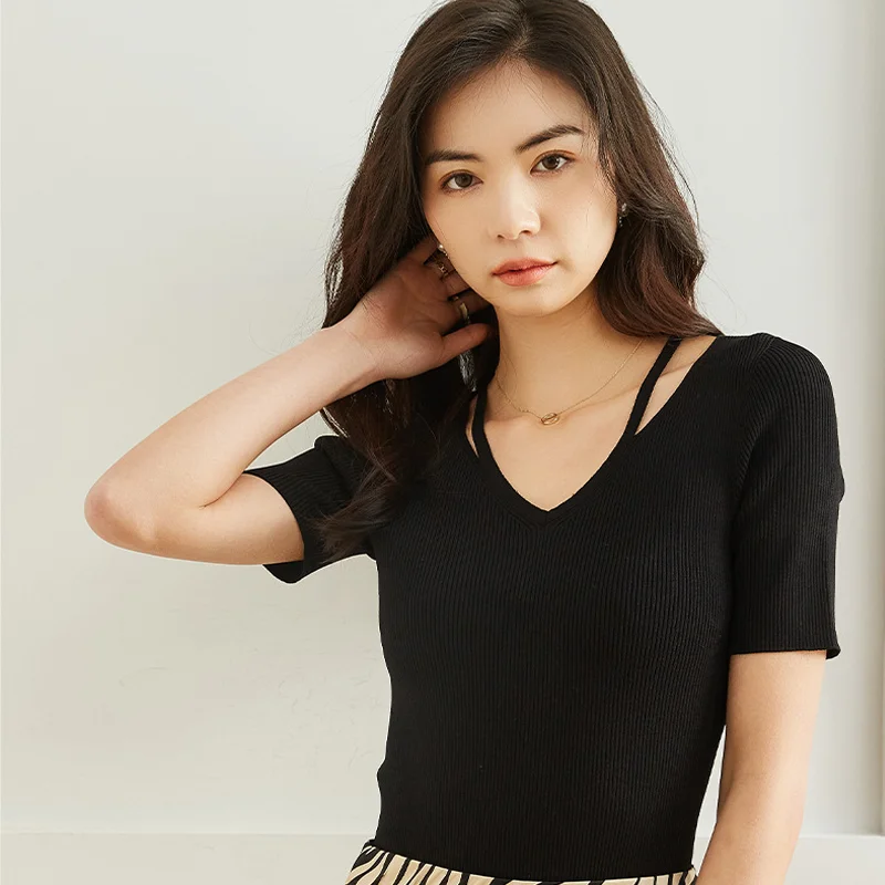 

MODX 22SS001 2022 New Women Sweater Seamless Pull Femme Short Sleeve Cardigan Mujer Oneck with Gallus Slim Version Spring Summer