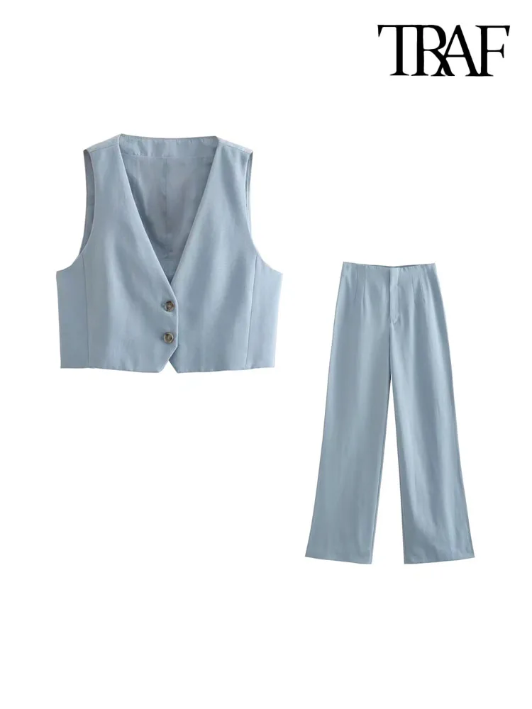 

Комплект из двух предметов TRAF Женский, Модный льняной жилет на пуговицах спереди и брюки на молнии с завышенной талией