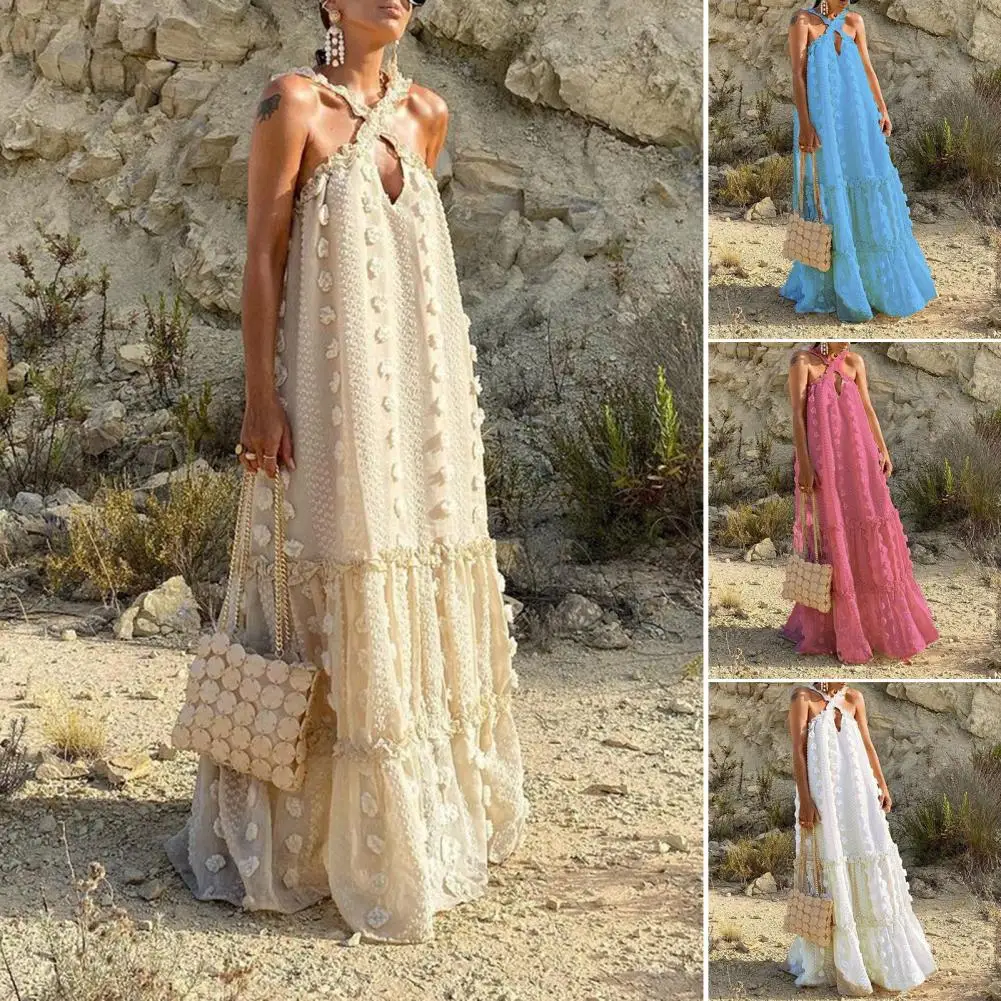 

Women Maxi Summer Long Robe Dress Sleeveless Sexy Backless Ruffle Large Hem Beach Dress Flower Decor Halter Hollow Out Sundress
