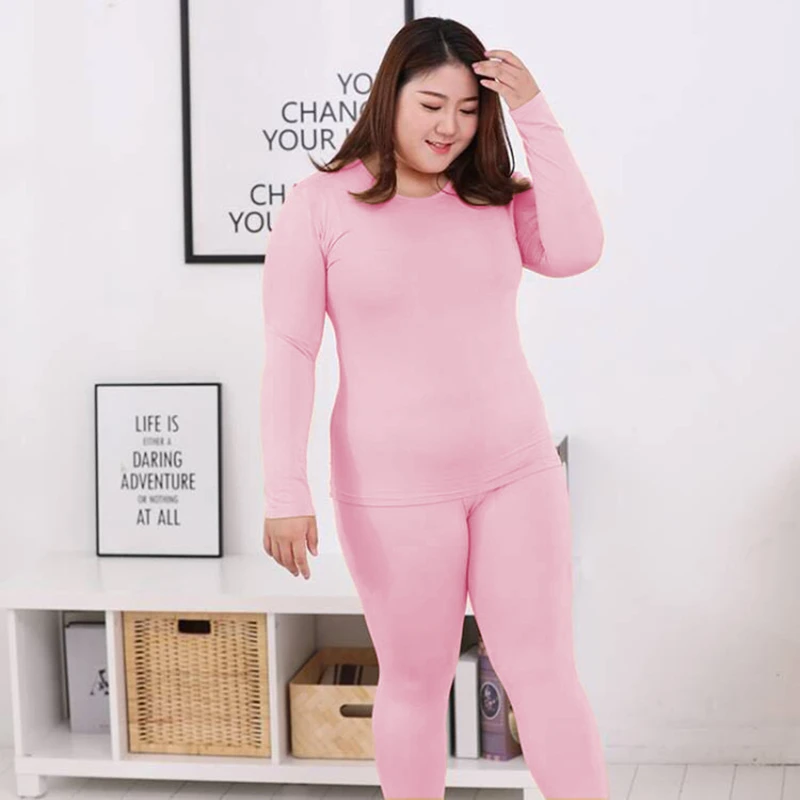 2022 New Women's Thermal Underwear Set Fleece Ladies Plus Fat Warm Women Set Thin Round Neck Over Large Size Thermal Under Wear