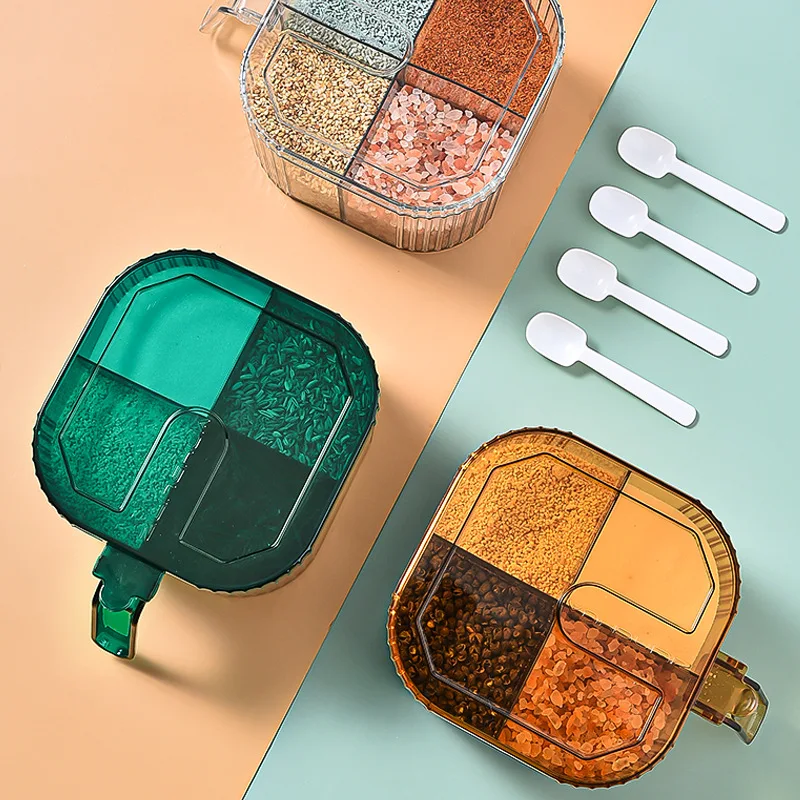 

Four Grid Seasoning Box Set Integrated Kitchen Supplies Household Multi Grid With Cover Storage Seasoning Box Salt Pot Spoon