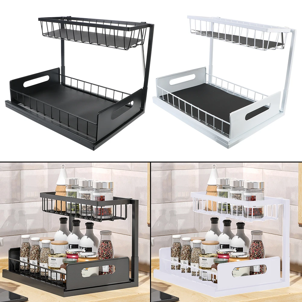

Metal Drawer Slid Basket Kitchen Cupboard Storage Organizers Seasoning Bottle Pull Out Rack Household Kitchen Spice Shelves