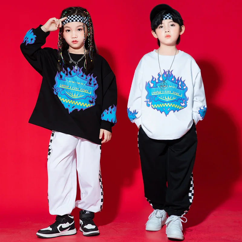 

Kid Hip Hop Clothing Flame Print Sweatshirt Top Casual Street Sweatpants Jogger Pants for Girls Boys Jazz Dance Costume Clothes