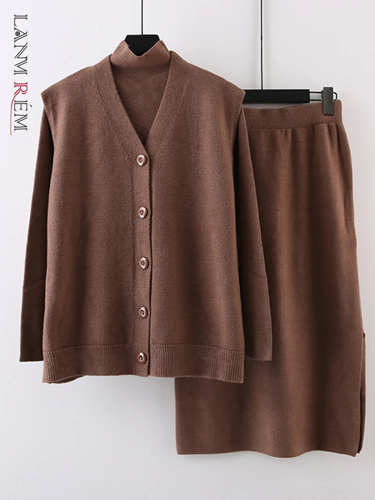 

LANMREM Korean Knitted 3 Pieces Set For Women Single Breasted Vest Coat Turtleneck Long Sleeves Sweater Solid Split Skirt 32D651