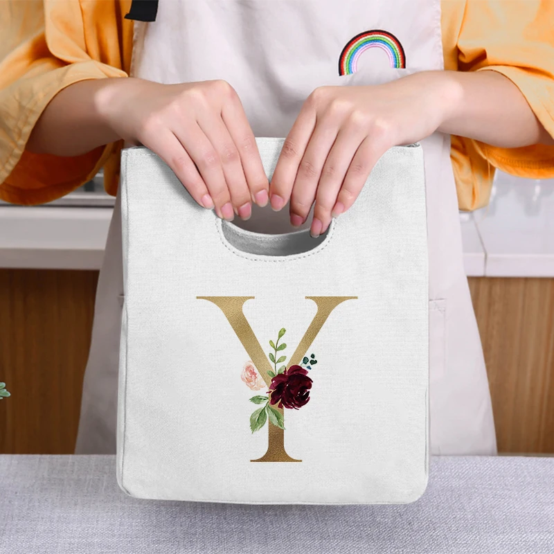 

Gold Alphabet Print Unisex Portable Ladies Lunch Bag Insulation Canvas Tote Bag Bag Container Food Storage Cooler Bag