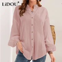 spring summer cotton linen stand collar single breasted loose casual shirt top women lantern long sleeve simple cardigan blouse