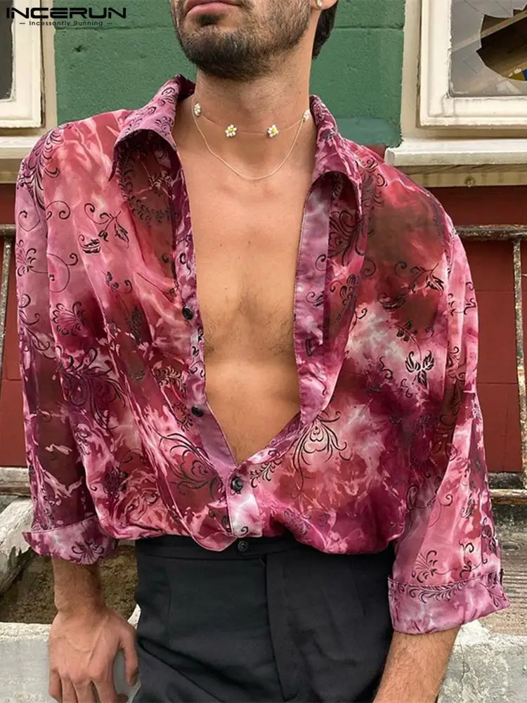 

INCERUN 2022 Мужская рубашка с принтом Tie Dye отворот рукав 3/4 уличная одежда на пуговицах модные просторные рубашки прозрачные повседневные тонки...