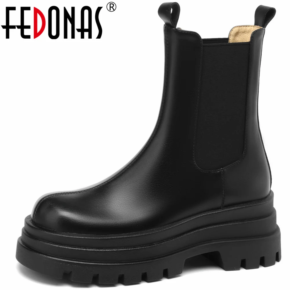 

Женские полусапожки на платформе FEDONAS, Черные ботильоны из натуральной кожи с круглым носком, повседневная обувь для отдыха на осень и зиму 2023