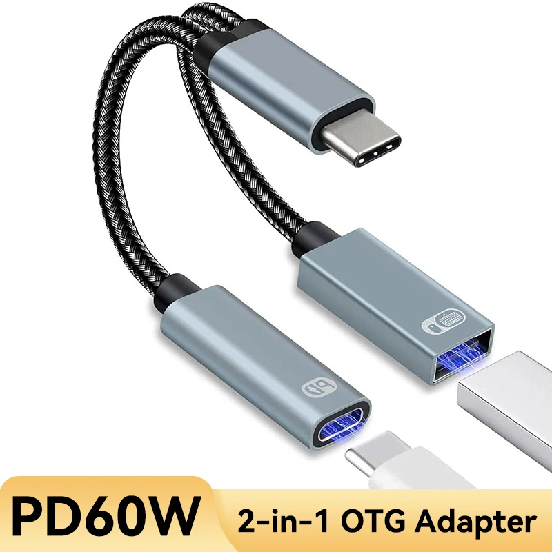 USB C OTG Adapter,2 in 1 USB-C Splitter with PD 60W Fast Charging Type C OTG and USB A Female Port MacBook Pro/Air/Huawei iPad
