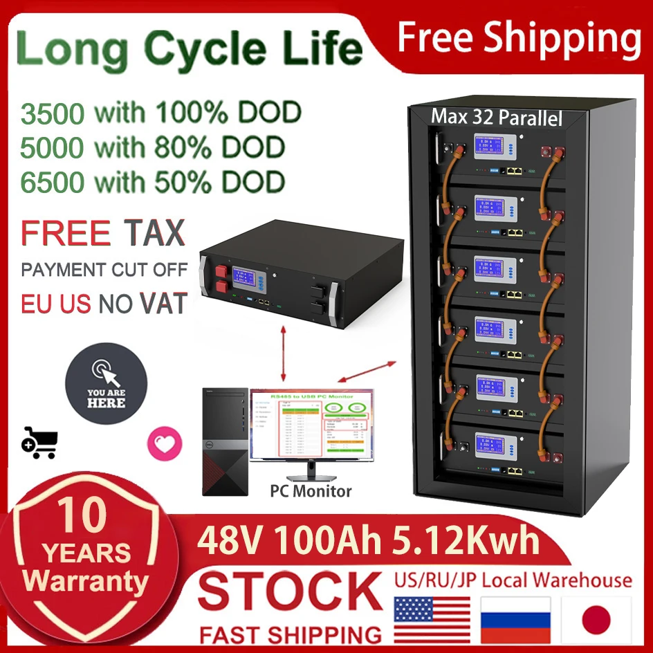 48V 100Ah LiFePO4 Battery Pack 51.2V 5.12Kw 6000 Cycles 32 Parallel CAN RS485 Communication Protocol Lithium Ion Battery NO TAX