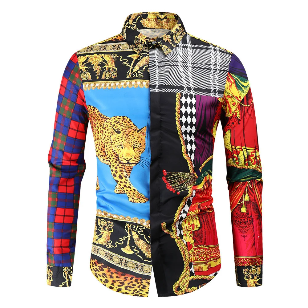 

Fashion Leopard 3D Printed Patchwork Long Sleeve Shirts Men's Fall Casual Lapel Shirts Loose Cardigan Tops Men's Streetwear