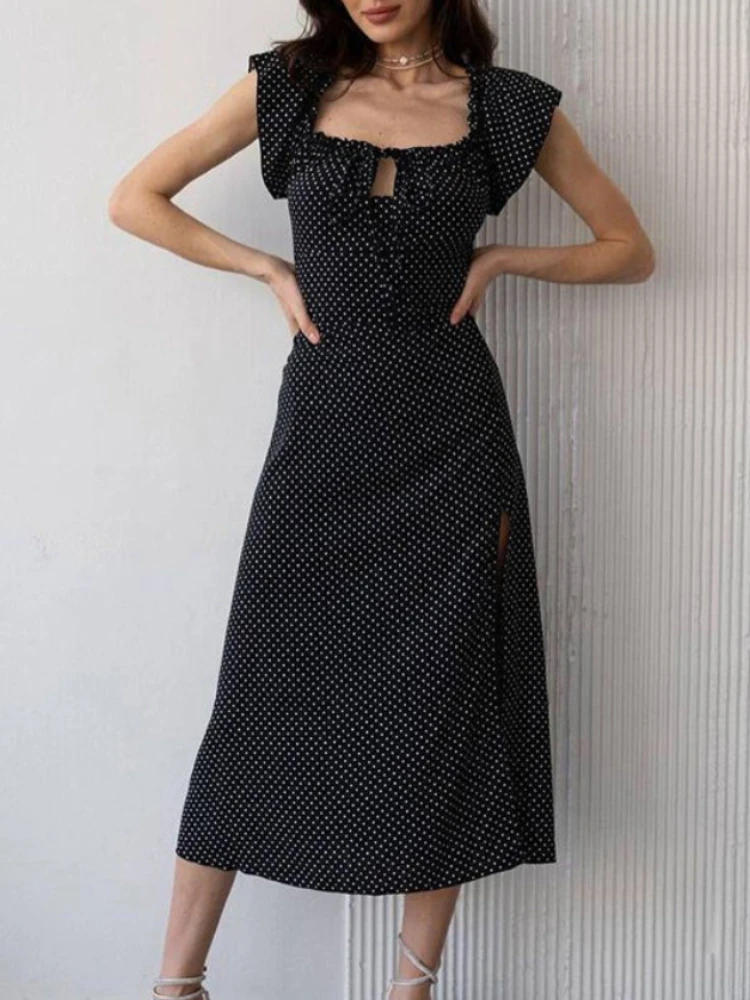 

Elegant Party Dress for Women French Retro Polka Dot Square Collar Lace-up Flying Sleeve Side Split A-line Summer Women's Dress