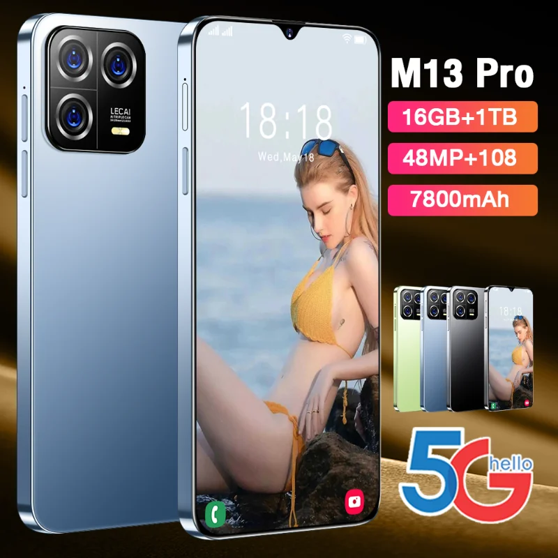 

Оригинальный смартфон M13Pro, разблокированный телефон, экран 7800 дюйма HD, 16 + 1 ТБ, две SIM-карты, 48 Мп + Мп, мАч, Android 13