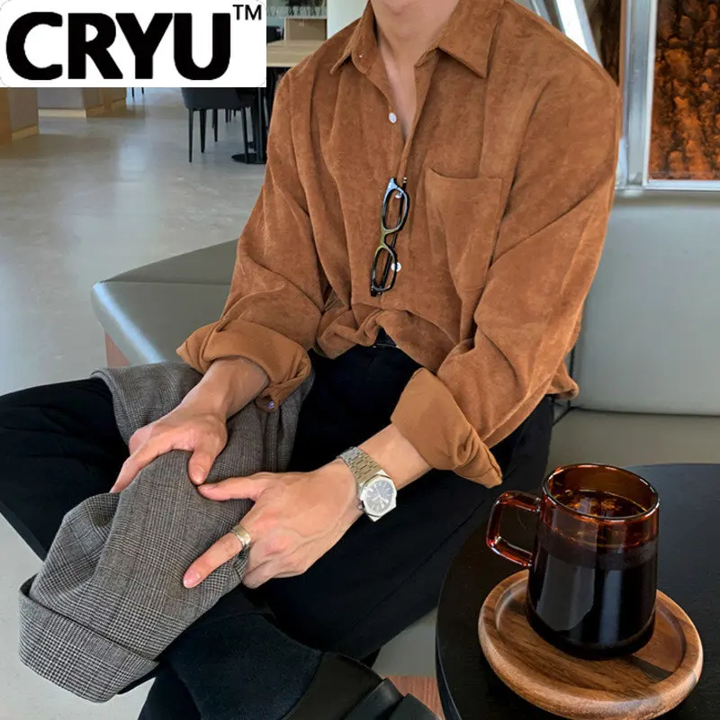 

CRYU Corduroy Shirts Men's Autumn New Long Sleeve Vintage Tops Korean Fashion Mans Double Pockets Loose Blouse 2023 Tide 9Y5899