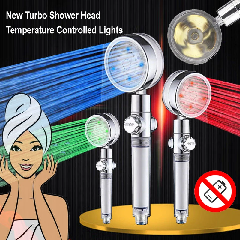 

Shower Head LED Water Saving Flow 360 Degrees Rotating With Small Fan ABS Rain High Pressure spray Nozzle Bathroom Accessories