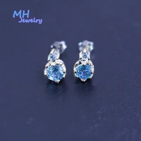 mh simple stud earrings swiss blue topaz stone brazilian topaz round 5 0mm gemstone jewelry 925 sterling silver girl office