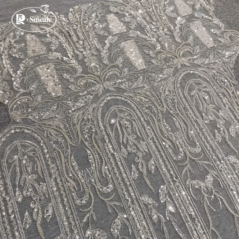 

2022 New Design Silver Beads Sequins Lace Fabric Luxury Evening Dress Striped European Lace Bridal Wedding Fabric