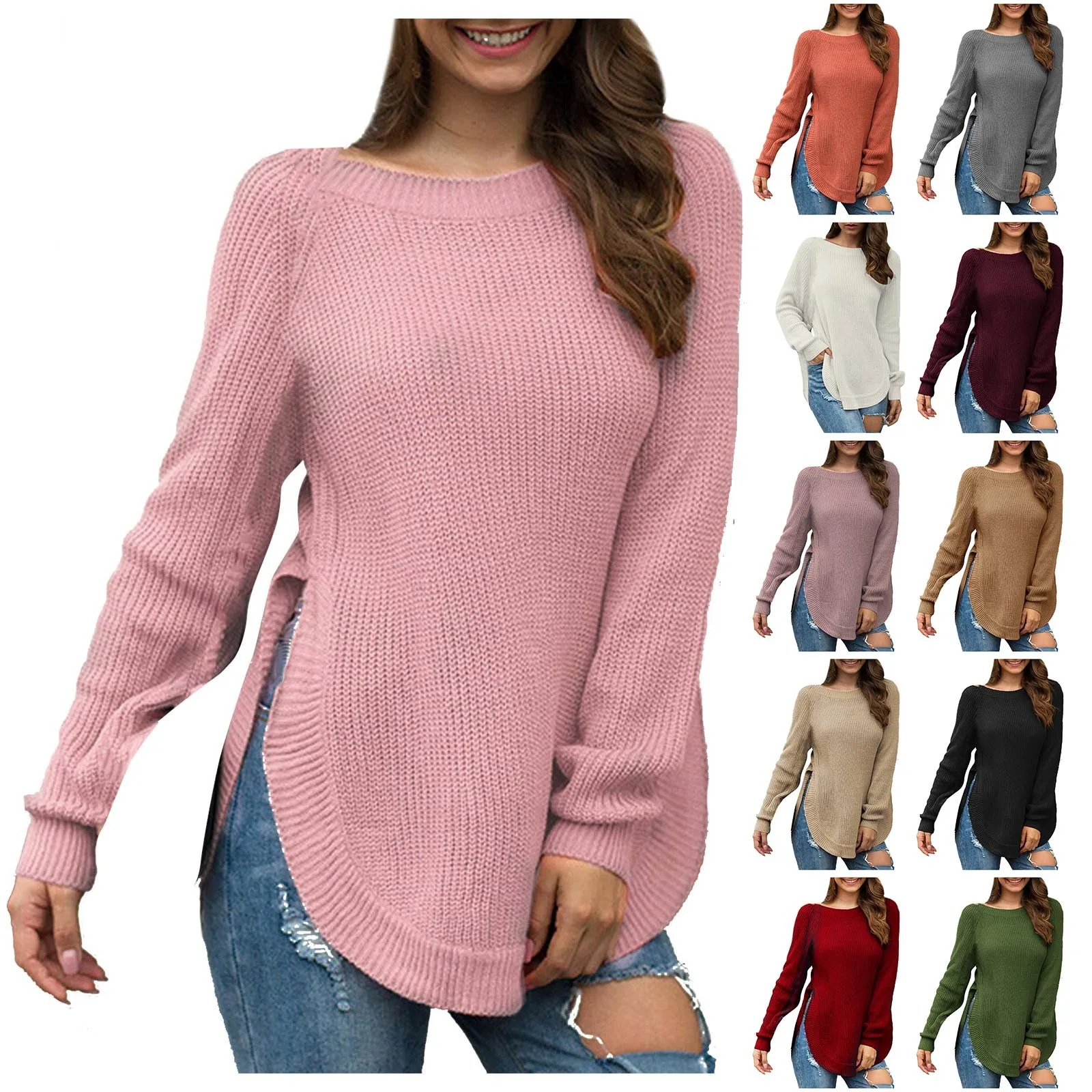 

Women's Fashion Temperament Casual Hem High Slit Round Neck Long Sleeve Jumper Sweater Pullover cardigans for woman 2023
