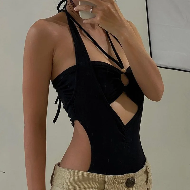 Europe Streetwear 2023 Summer Sexy Women Jumpsuits Halter Bandage Style Design T-shirt Female Spring Autumn Hollow Out Clothes