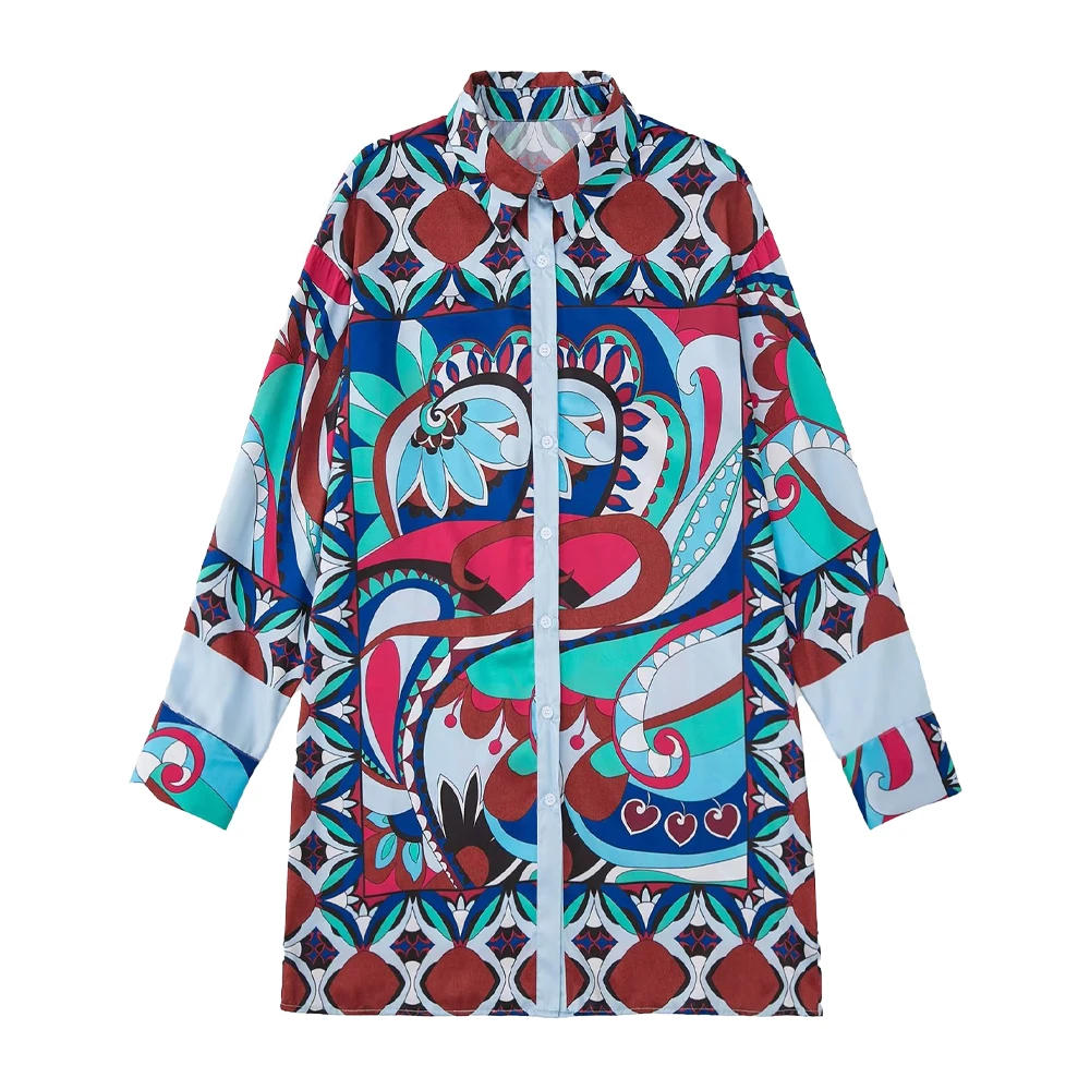 

Women's New Printed Long Shirts Casual Long Sleeves Button Down Chic Retro Female Elegant All-match Fashion Blouse Mujer
