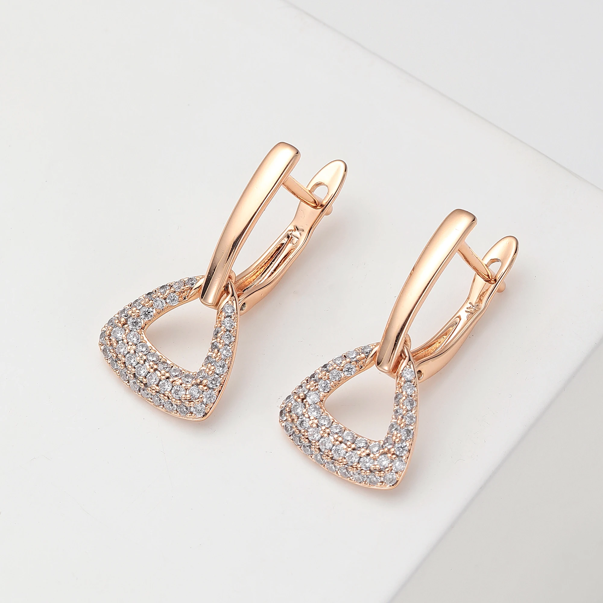 Luxury Copper 585 Rose Gold Color Earrings Crystal Geometric Hollow Dangle Drop Earrings for Women Girls Gifts Jewelry