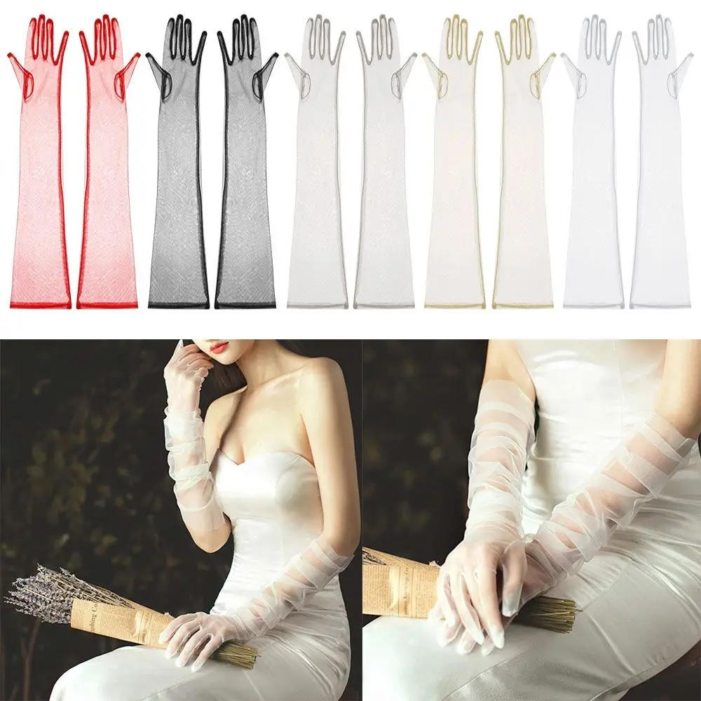 

1 Pair Women Ultra Thin Gloves Tulle Elbow Long Wedding Bride Dress Mittens Sheer Vintage Glove