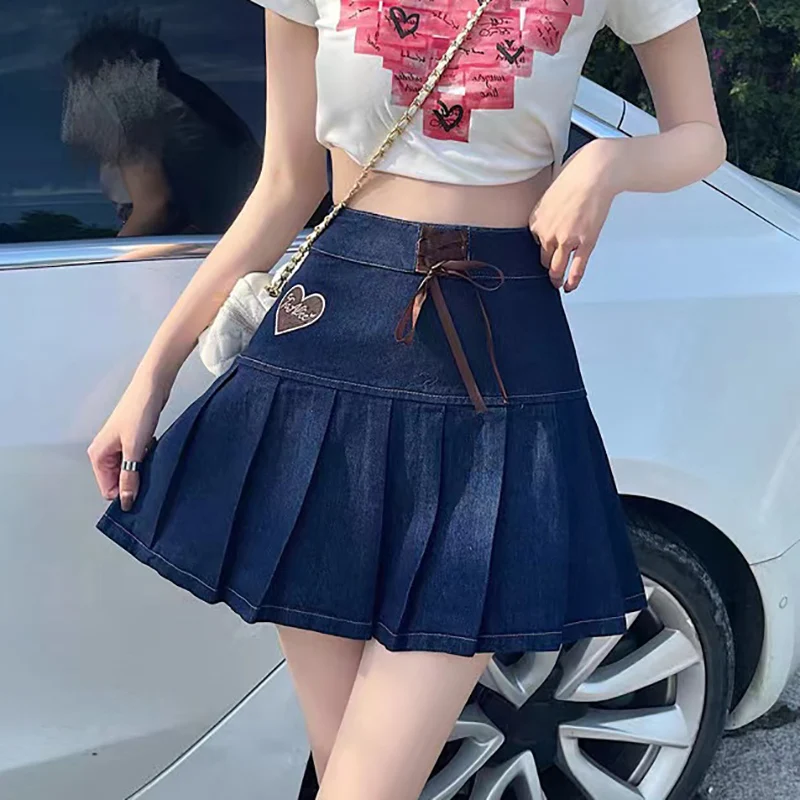 

HOUZHOU Japanese Fashion Denim Pleated Skirt Women Kawaii Cute High Waist Lace Up Heart Embroidered Jeans Mini Skirt Soft Girl