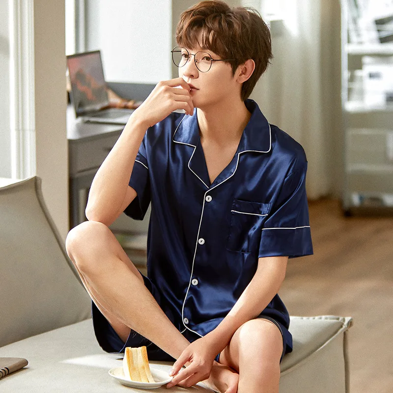 Summer ice silk pajamas men's student thin cardigan short sleeved Shorts Set solid color can be worn outside casual home clothes