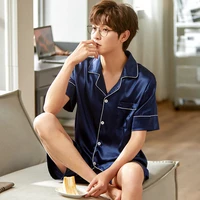 summer ice silk pajamas mens student thin cardigan short sleeved shorts set solid color can be worn outside casual home clothes