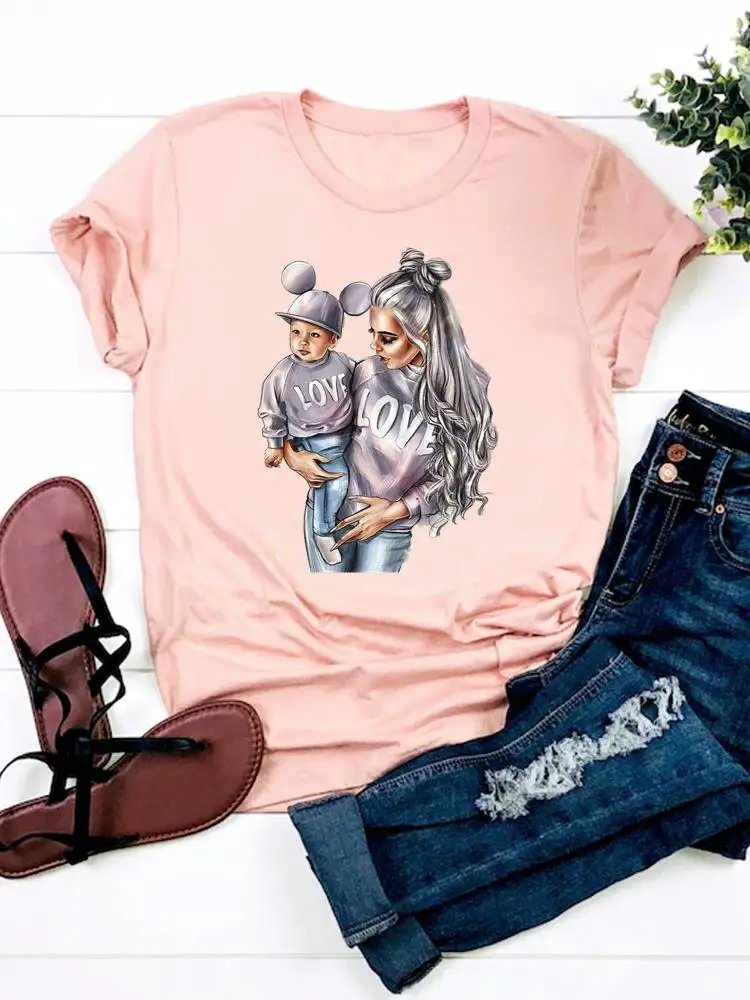 

Graphic T-shirt Fashion Print T Shirt Short Sleeve Ladies Clothes Watercolor Mom Love Mother Mama Women Basic Tee Top Clothing